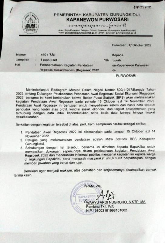 Pemberitahuan Kegiatan Regsosek 2022 